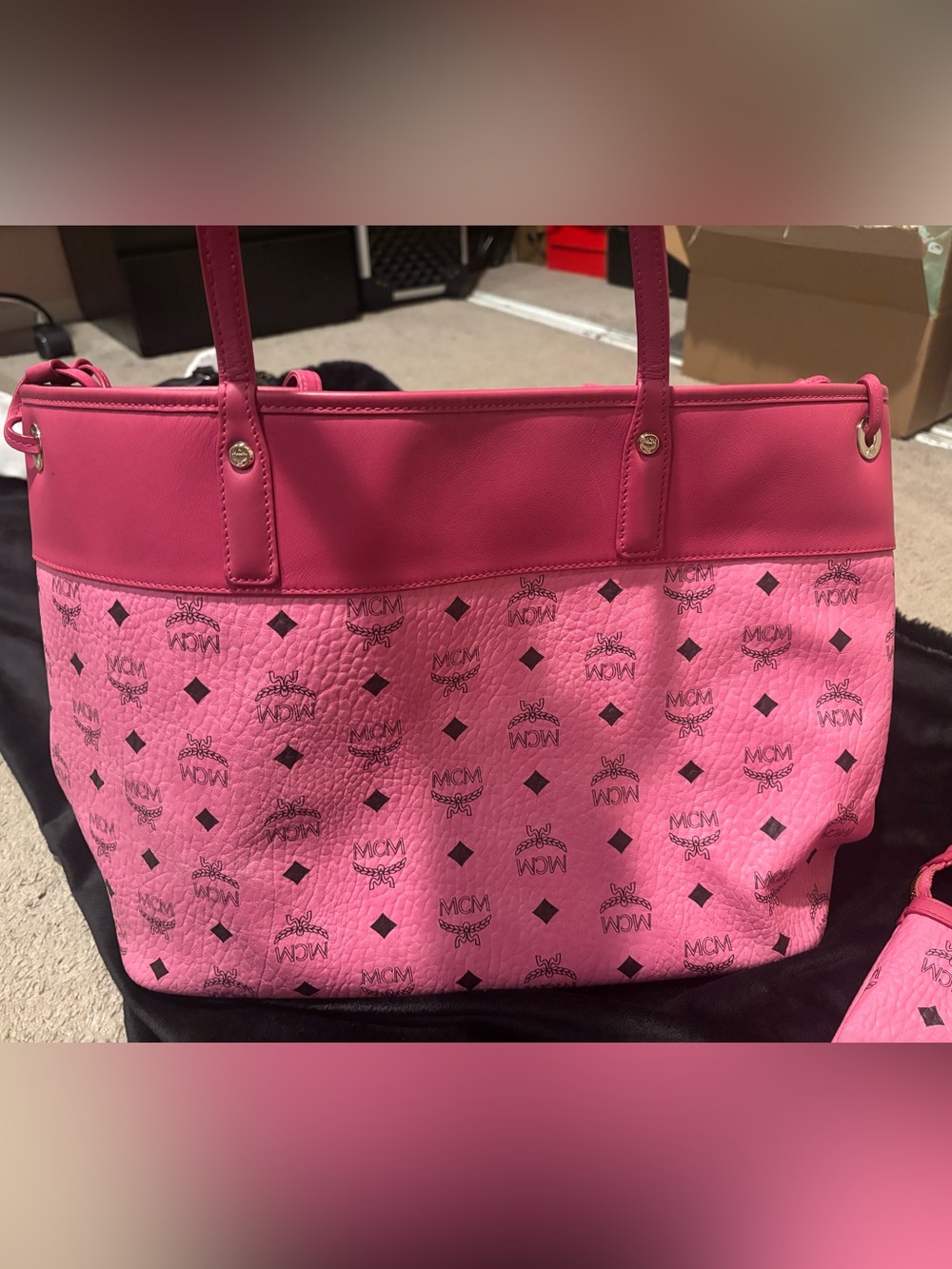 MCM Neon Pink Aren Visetos Medium Shopper Tote